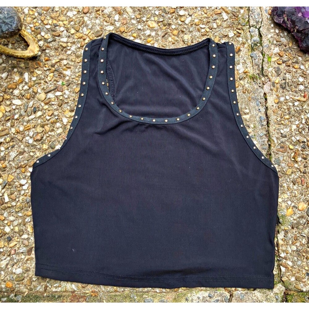 SHEIN Black Studded Trim Scoop Neck Cropped Sleeveless Tank Top Size M
